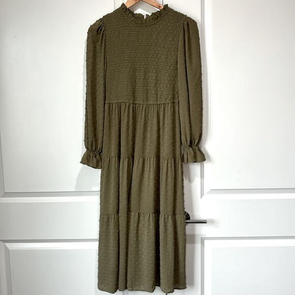Anthropologie By The River Dot Swiss Smocked Tiered Midi Dress Olive Gre… - Picture 1 of 13
